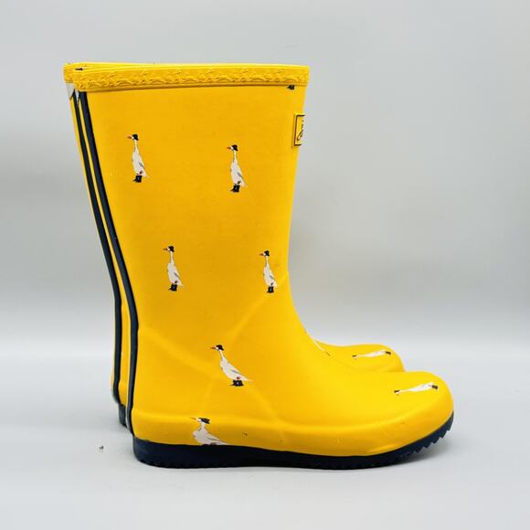 Joules Boots Kids Girl 2 Yellow JNR Roll Up Rain Wellies Goose Print Waterproof - Picture 1 of 12